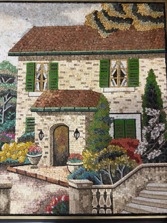 Mosaico de Piedra Natural “Villa Mediterránea con Jardín y Mar” – Arte Hecho a Mano
(Handmade Natural Stone Mosaic “Mediterranean Villa with Garden & Sea”)