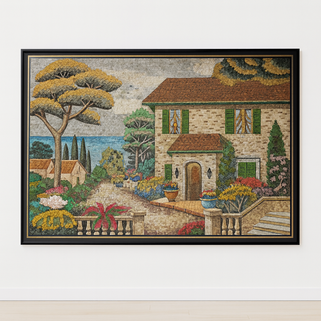 Mosaico de Piedra Natural “Villa Mediterránea con Jardín y Mar” – Arte Hecho a Mano
(Handmade Natural Stone Mosaic “Mediterranean Villa with Garden & Sea”)