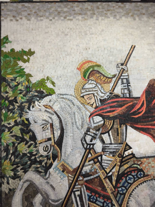 Obra de Mosaico – San Jorge Derrotando al Dragón (Arte en Piedra Hecho a Mano)