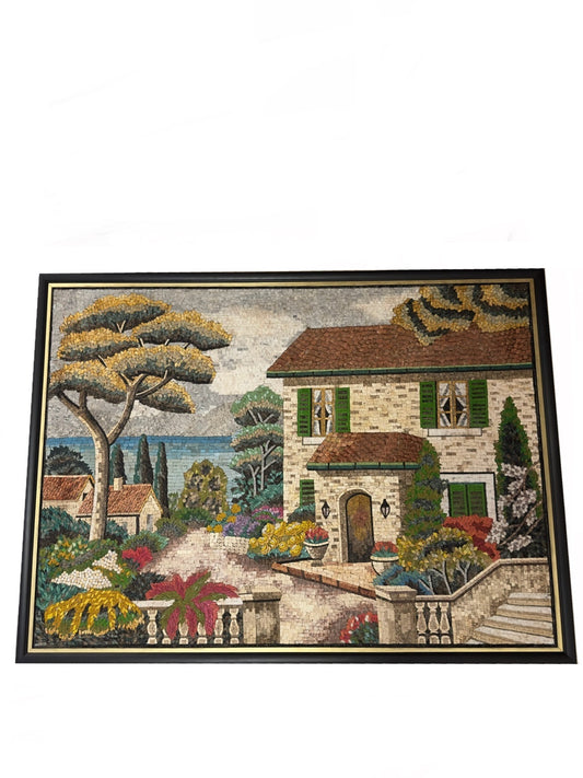 Mosaico de Piedra Natural “Villa Mediterránea con Jardín y Mar” – Arte Hecho a Mano
(Handmade Natural Stone Mosaic “Mediterranean Villa with Garden & Sea”)