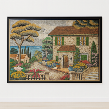 Mosaico de Piedra Natural “Villa Mediterránea con Jardín y Mar” – Arte Hecho a Mano
(Handmade Natural Stone Mosaic “Mediterranean Villa with Garden & Sea”)