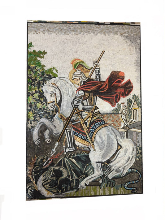 Obra de Mosaico – San Jorge Derrotando al Dragón (Arte en Piedra Hecho a Mano)